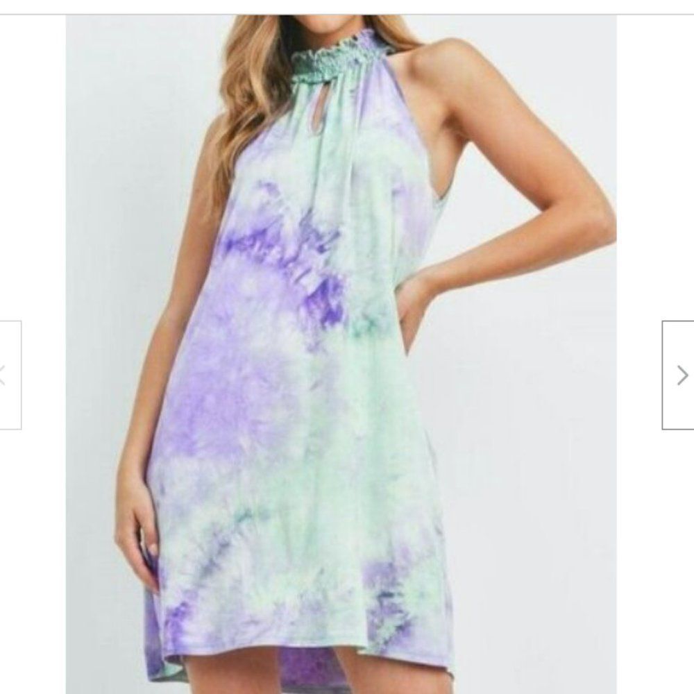 Small Dress by Perfect Peach Smocked Halter Neck Tie Dye Green Lilac Purple NWT